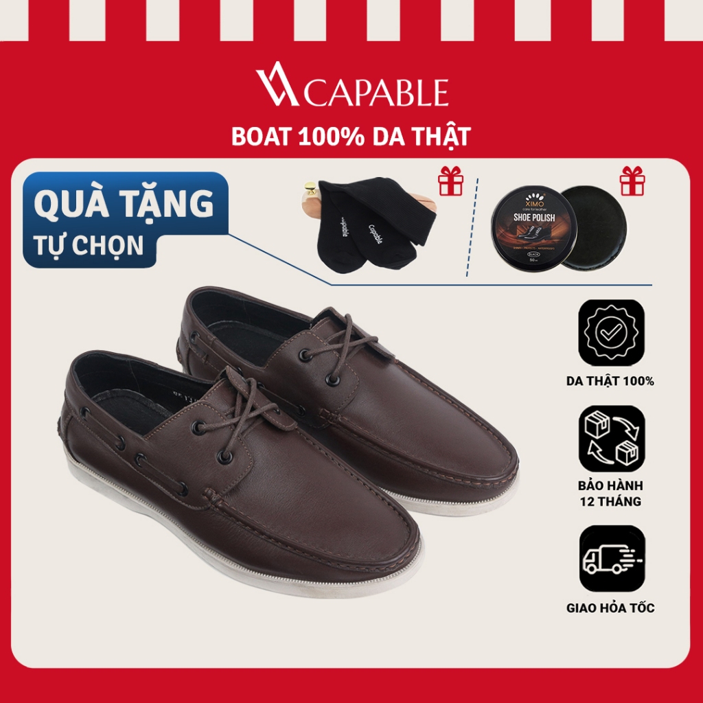 Giày Lười Nam Da Bò Boat Shoes CAPABLE Nâu - Giày Mọi Nam Cao Cấp Đế Cao Su Êm Chân, BH 12 Tháng