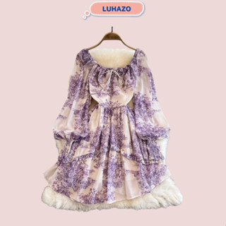  Váy đi biển nữ LUHAZO đẹp xòe cao cấp kiểu sang chảnh Hàn Quốc vintage babydoll tay bồng thắt nơ họa tiết hoa 2023 