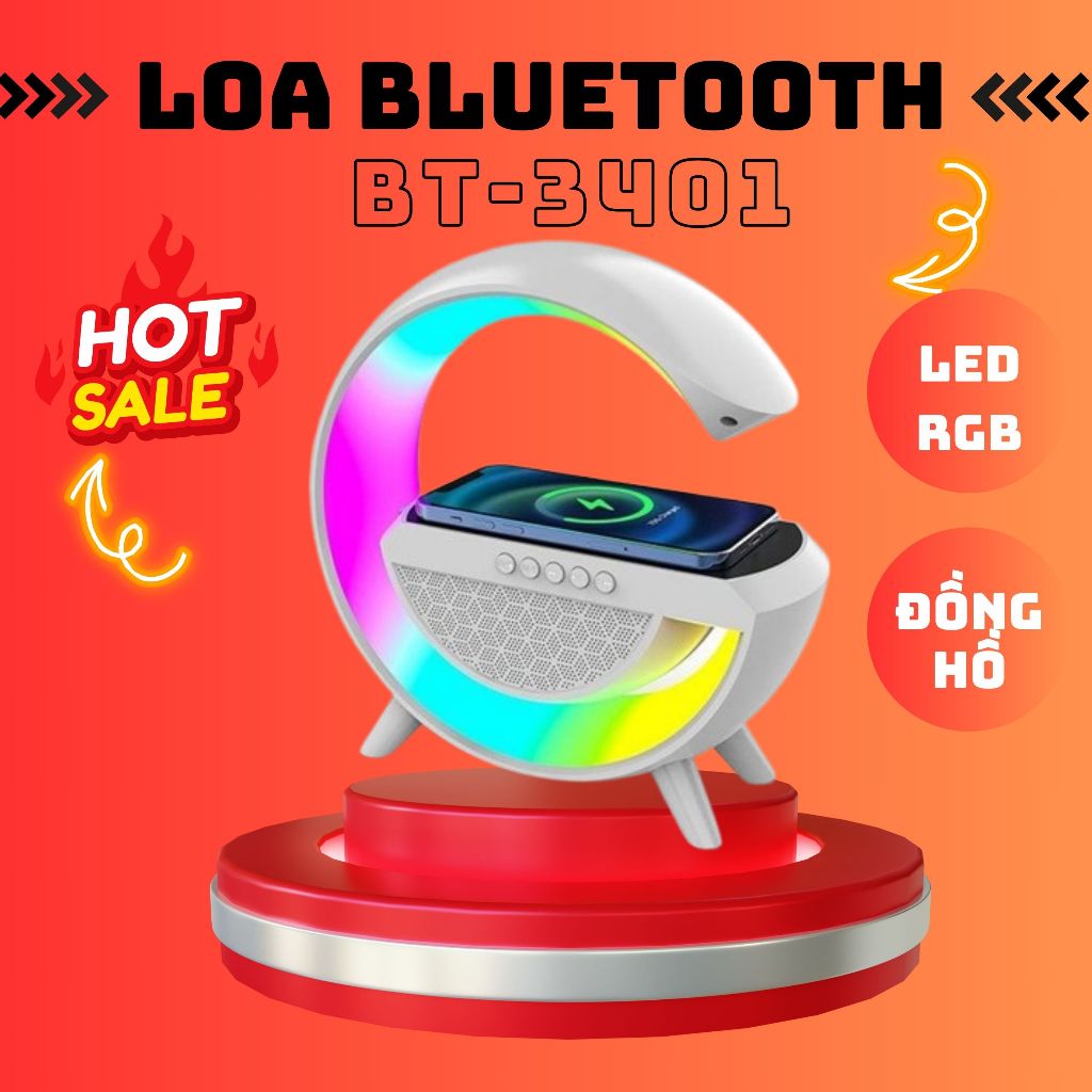 Loa Bluetooth Chữ G BT3401 Led RGB tích hợp sạc không dây 15w , đồng hồ, đèn ngủ, âm thanh vòm 360 đ
