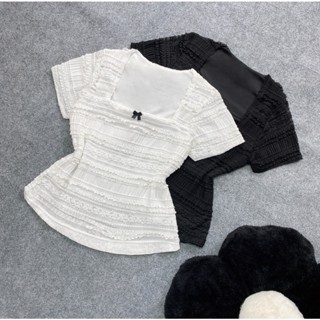 Áo Thun Ren Bigsize Nữ Cổ Vuông Đính Nơ Trước Tay Ngắn Có Lót May Liền Thời Thượng Sang Trọng A256