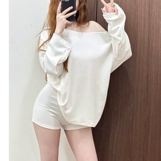 Set Bộ Len Gân Dài Tay Lệch Vai, Áo Len Nữ Trễ Vai Form Rộng Phong Cách Hàn Quốc