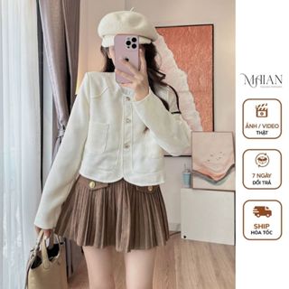 Áo khoác dạ Tweed nữ Maian áo khoác dáng ngắn cổ tròn dài tay túi ngực có lớp lót lụa 1 hàng cúc basic dễ mặc A5040