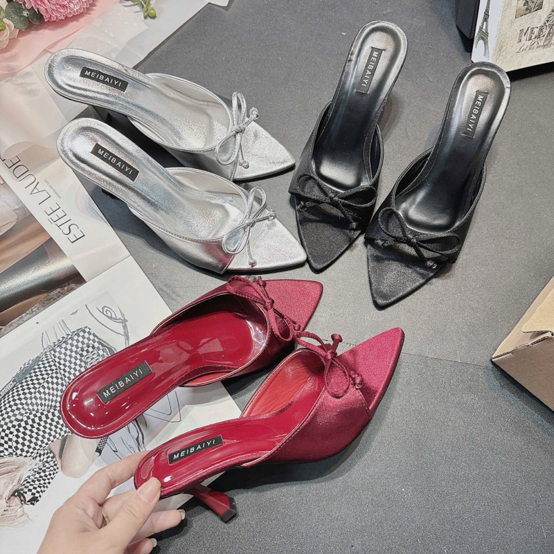 Giày sục nữ quai ngang phối nơ mũi nhọn gót nhọn 7cm cao cấp - DéP - Shoes