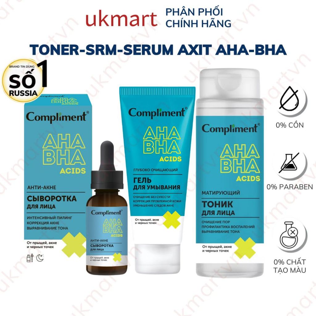 Trọn bộ Compliment AHA BHA làm sạch sâu, giảm viêm & mụn