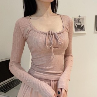  Áo Thun Cổ Vuông Thắt Nơ Tay Dài Áo Babytee Croptop Dáng Ôm Thiết Kế Dây Rút Casi House 