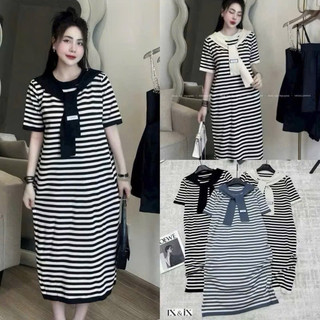 TIENSTYLE - Đầm Len Polo Sọc Phối Màu Đính Hoa Trẻ Trung, Đầm Suông Len Kẻ Sọc Kèm Khăn