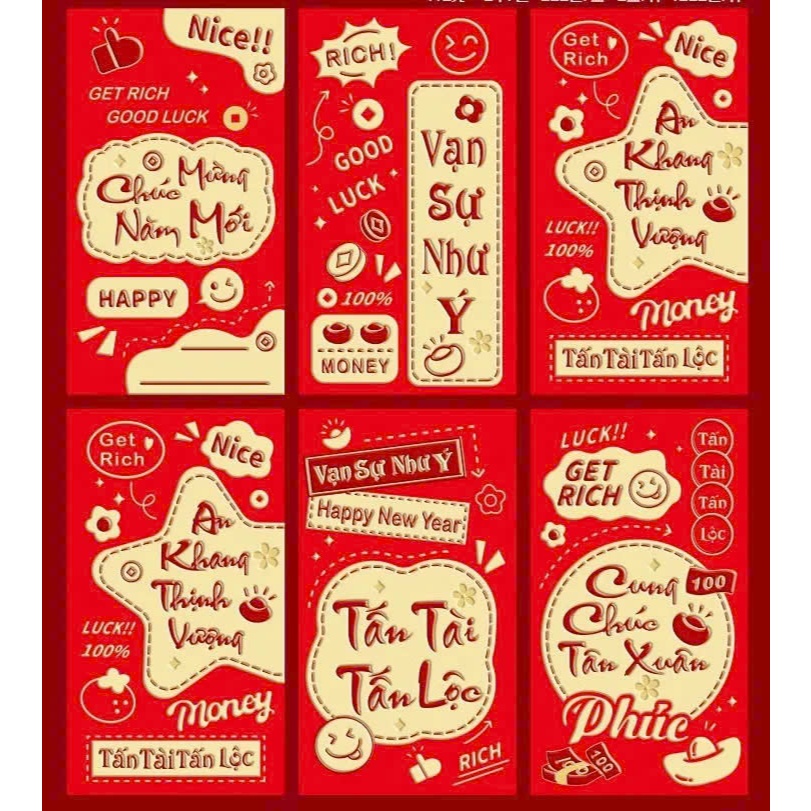 [Tết 2025] Combo 100 bao lì xì Tết may mắn Tết Tết Tết Tết đến rồi Bao lì xì là bao lì xì