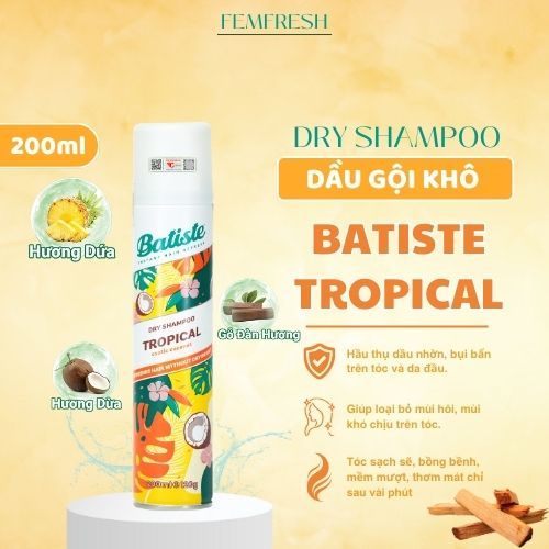 Dầu Gội Khô Batiste Hương Hoa Nhiệt Đới - Batiste Dry Shampoo Coconut & Exotic Tropical 200ml Femfre