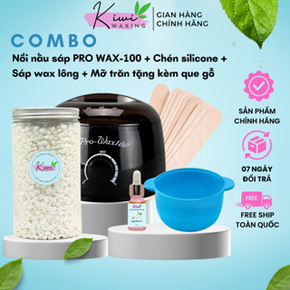 COMBO Nồi Nấu Sáp Wax Lông Pro Wax 100 + Sáp Wax Kiwi Waxing + Chén silicone  tặng mỡ trăn, que gỗ