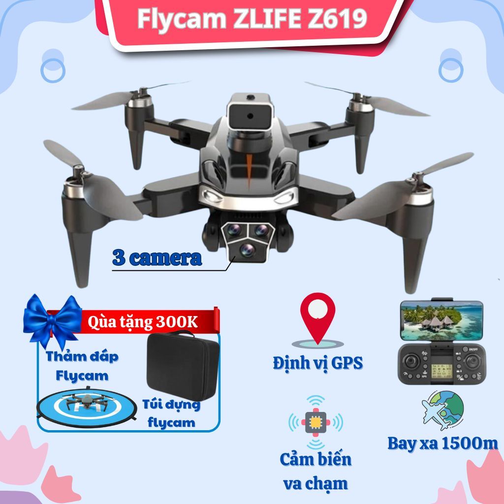 Flycam Zlife Z619 Drone Pro, Máy Bay Camera Full HD Quay Phim Chụp Ảnh, Định Vị GPS Quay Về Khi Hết Pin