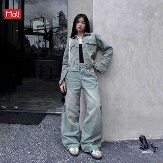 Calem Club - Combo JS10 NHẠT gồm Áo khoác jean form croptop và Quần dài jean suông ống rộng
