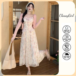  Váy Hoa Nhí Hai Dây Dáng Dài Bèo Nhún Chiffon Phong Cách Ngọt Ngào Nhẹ Ngàng Cho Nữ 