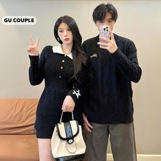 Đồ cặp với người yêu mùa đông áo len nam dài tay đầm nữ dáng body phối cổ trắng HAPPYLOVE G226
