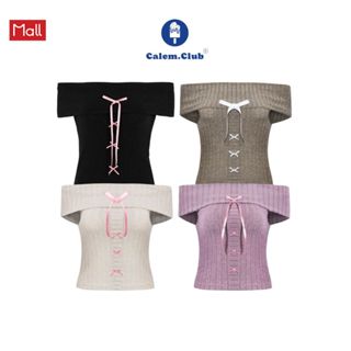 Calem Club - Áo nữ len tăm Trễ Vai đính nơ form ôm body tôn dáng