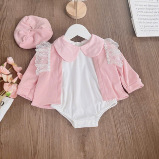 [SET GỒM BODY+ÁO KHOÁC+MŨ NỒI] Body yếm hồng thun tăm và áo khoác len nhung cho bé gái sơ sinh.đầy tháng, thôi nôi, Noel