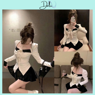 Set Tiểu Thư 2 Món Gồm Áo Tăm Cổ Vuông Rúm Nguc Đính Hoa Trà Phối Viền Đen + Chân Váy 2 Tầng Có Quần Trong