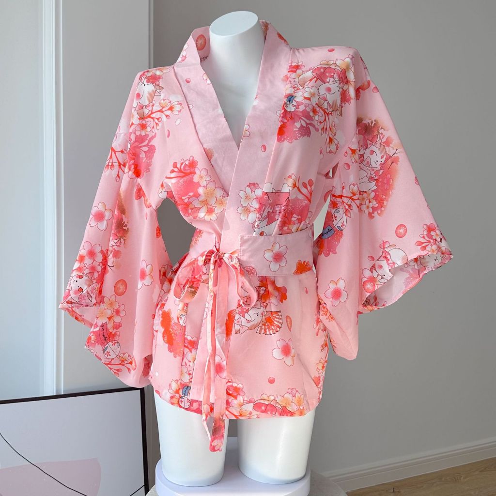 Áo choàng ngủ DARIM AC05 áo khoác kimono họa tiết hoa anh đào vải voan mềm tặng quần chip