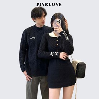 Đồ đôi nam nữ PINKLOVE áo len nam đầm nữ dáng body màu đen phối cổ trắng thời trang P226