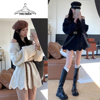 Váy len dệt kim hở vai kèm thắt lưng, váy len trễ vai dài tay dáng xoè kiểu dáng sang chảnh dành cho nữ xuongmaythuhien