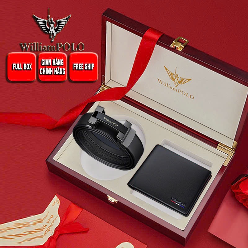 Combo ví thắt lưng nam WilliamPOLO full hộp đựng GỖ cao cấp chất liệu da bò - williampolo.vietnam.store 0303