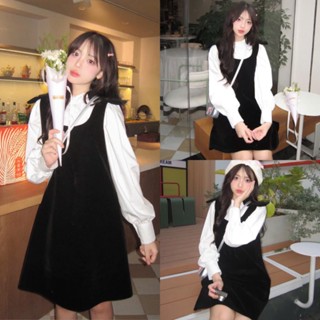  METWO. - Set yếm váy nhung đen suông ngắn babydoll nơ vai kèm áo sơ mi trắng cổ bèo dài tay ulzzang tiểu thư Hàn Quốc 