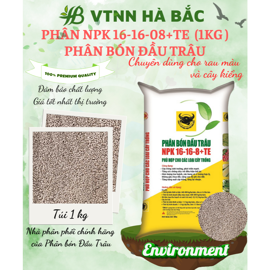 Phân Bón Đầu Trâu NPK 16-16-8+TE Túi 1KG (bán lẻ) - Nảy Chồi, Ra Hoa, Tăng Trưởng Mạnh - Phân Bón Dà
