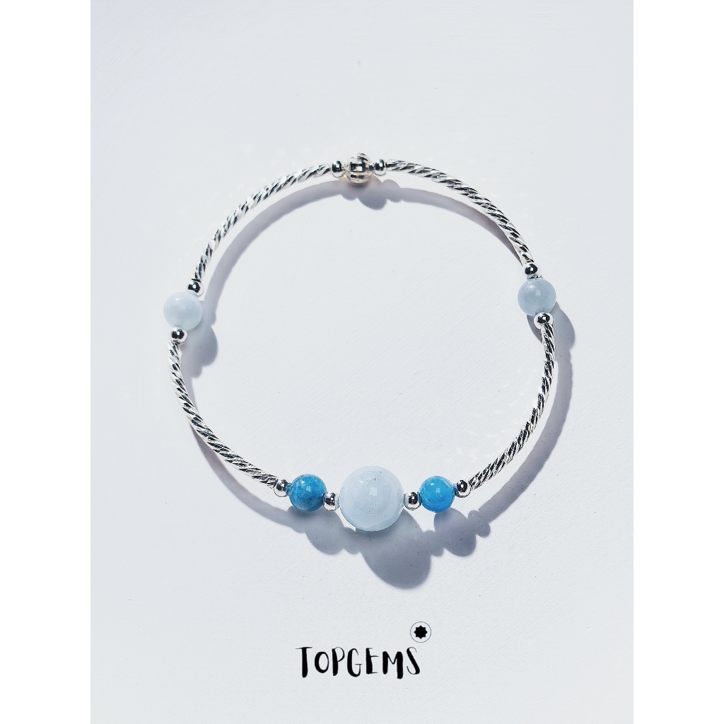 Vòng Tay Aquamarine Bạc 925 TOPGEMS Lắc Tay Nữ Dạng Charm Kiềng Bạc 925 mix Đá Aquamarine