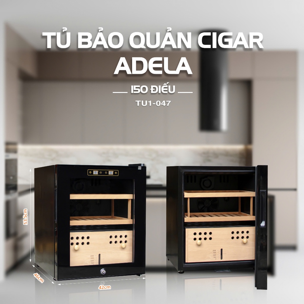 Tủ Bảo Quản Cigar Thông Minh Adela 150, Tủ Cigar Mini Màn Hình Cảm Ứng Điều Chỉnh Nhiệt Độ Và Độ Ẩm