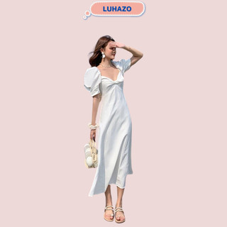 Váy đi biển trắng LUHAZO dáng dài tay phồng xoắn ngực thắt eo tôn dáng đi chơi dạo phố 8719 DK14T303