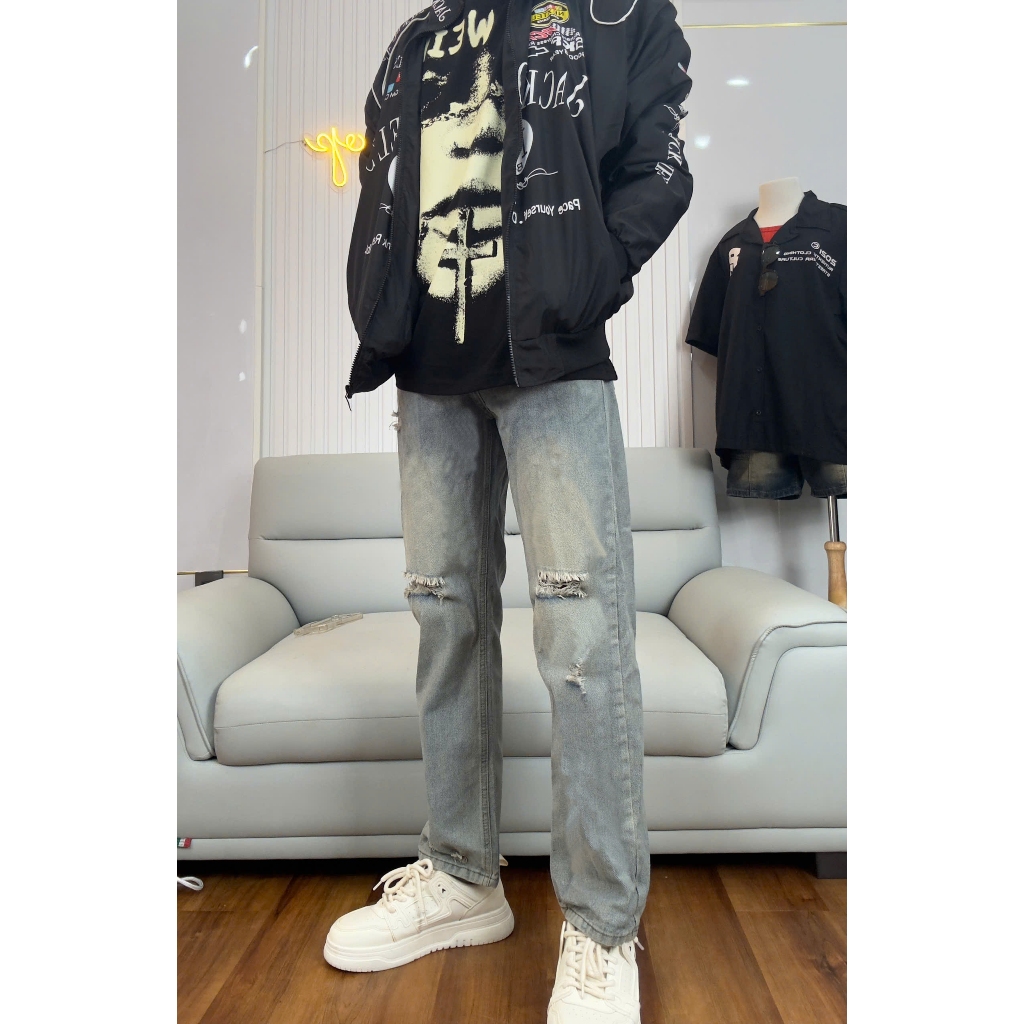 Quần jean nam baggy form suông ống rách thời trang , quần jean nam ống suông chất liệu cao cấp