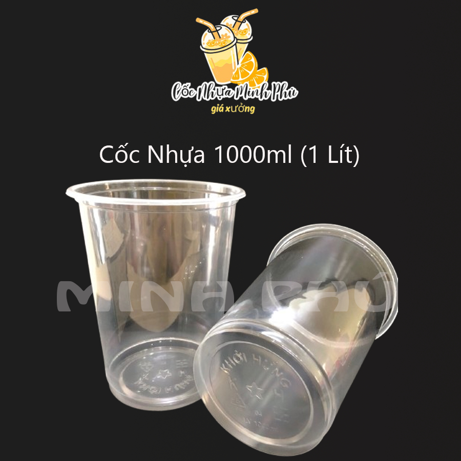Combo 50 Cốc Nhựa 1 Lít (1000ml) - Ly Nhựa 1000ml Khổng Lồ Kèm Nắp Đựng Trà Chanh, Trà Tắc, Nước Mía