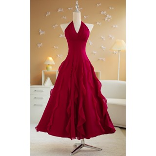 SÒ VINTAGE - ROSELA Đầm maxi đỏ đô tùng bèo, cổ yếm