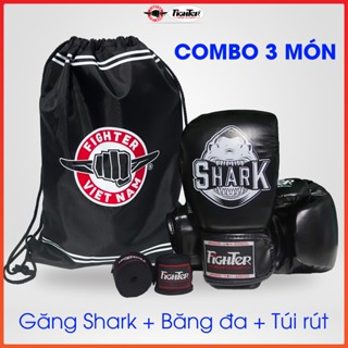 [Combo] - Găng Boxing Fighter Shark Cao Cấp + Băng đa Fighter + Túi rút 36cm x 48cm, Combo tập luyện