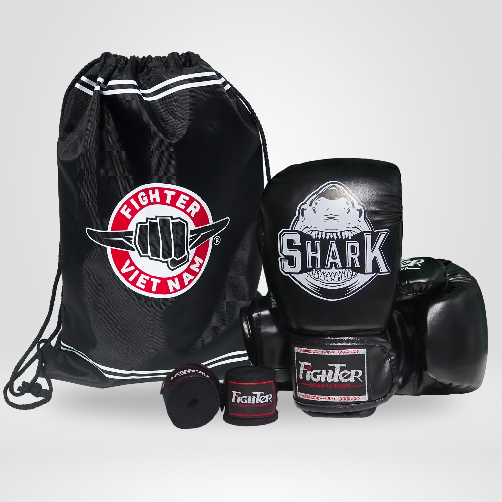 [Combo] - Găng Boxing Fighter Shark Cao Cấp + Băng đa Fighter + Túi rút 36cm x 48cm, Combo tập luyện