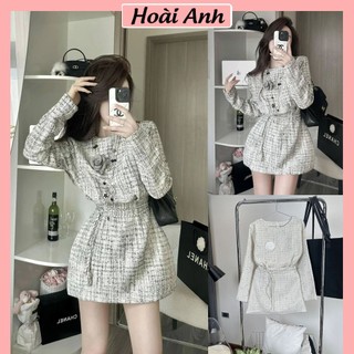  Set Bộ Đồ Nữ Dạ Nhũ KIm Sa Caro Áo 2 Lớp Dài Tay Cổ Tròn Đính Hoa Trà Nổi Mix Chân Váy Chữ A Kèm Dây Đai Freesize 
