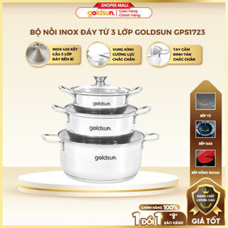 Bộ Nồi Inox 3 Đáy Goldsun Có 3 Lớp Toả Nhiệt Nhanh Sử Dụng Trên Mọi Loại Bếp Có Kính Cường Lực Chịu Nhiệt - GPS1723