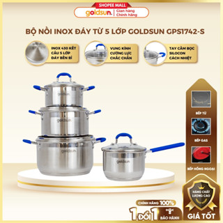 Bộ nồi inox goldsun GPS1742-S 5 đáy sử dụng được bếp từ vung kính chịu lực quay cầm bọc silicon