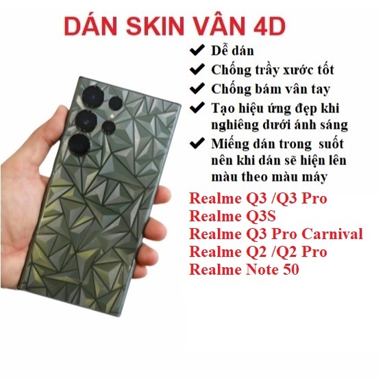Miếng dán skin vân 4D mặt lưng trong suốt Realme Q3 Q3 Pro Q3S Q3 Pro Carnival Realme Q2 Q2 Pro Real