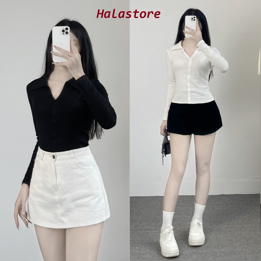 Áo Thun Nữ Dài Tay Cổ Bẻ Xẻ Ngực Chất Cotton Form Ôm, Áo Phông Nữ Tay Dài Dáng Ôm Bigsize355T