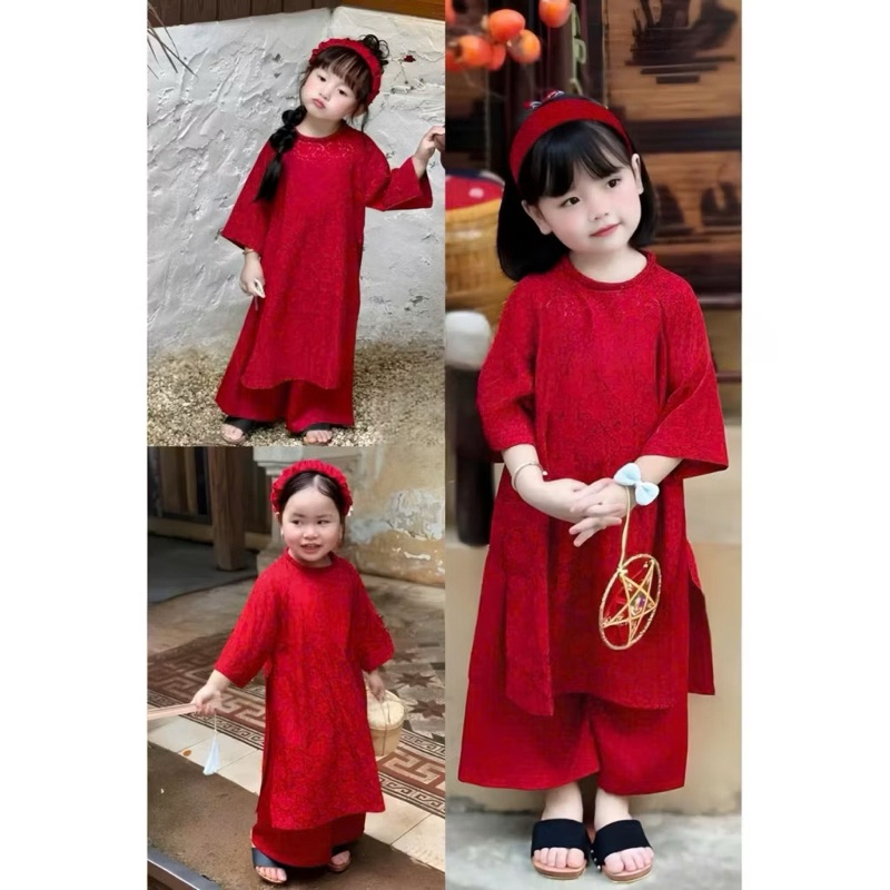  Áo Dài Gấm Lụa Đỏ Cho Mẹ Và Bé Gái Diện Tết. Băng Đô Bán Rời 