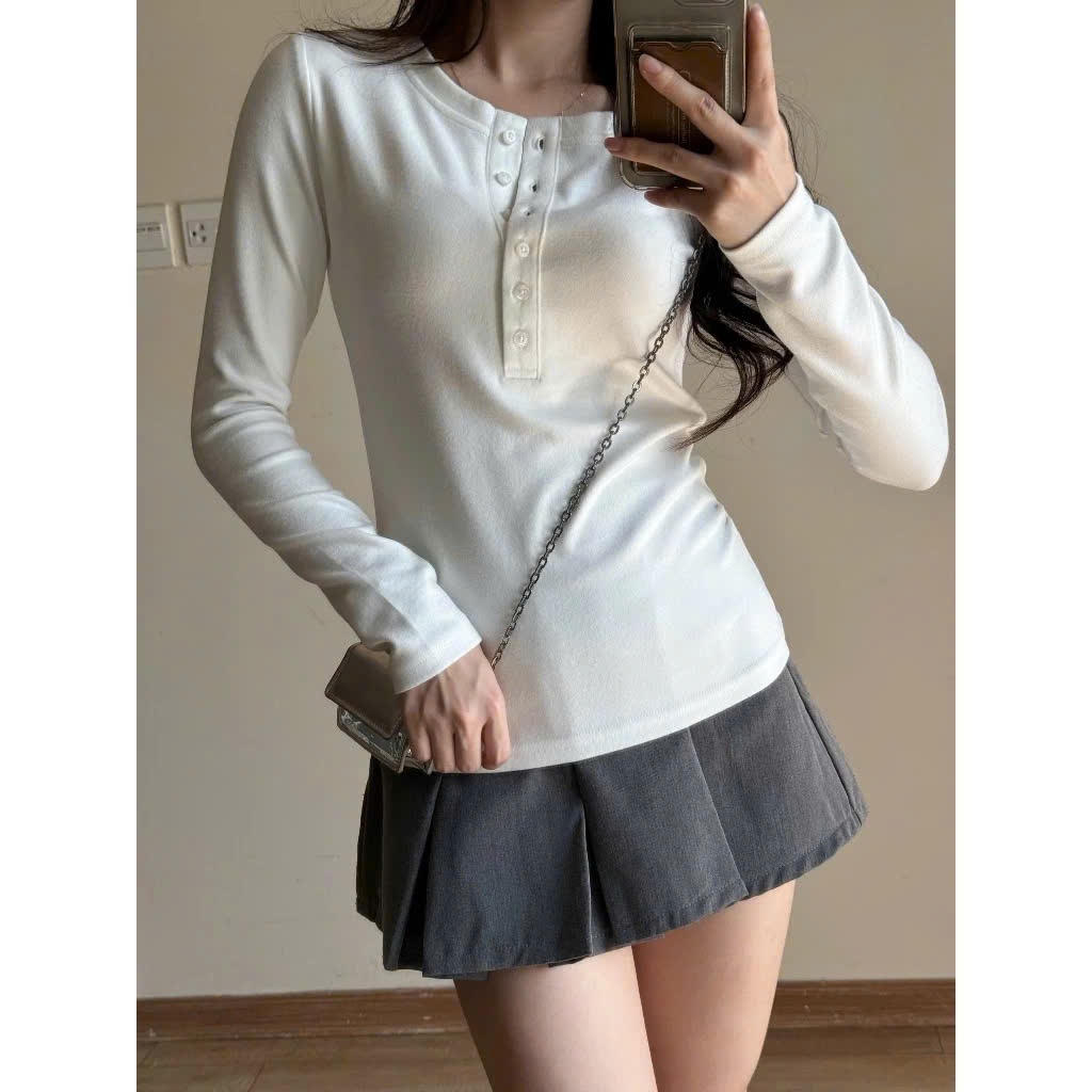 Áo thun nữ tay dài đính cúc chất tăm lông thỏ mềm mịn co dãn xịn xò A656 PANOSI | BigBuy360 - bigbuy360.vn