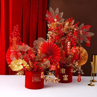  Cành đào đông đỏ Cherry 6 nhánh trang trí Tết tròn đẹp bình hoa giả ngày Tết 