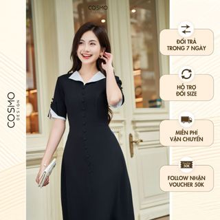 Váy đầm nữ thiết kế dáng ôm đen phối cổ và măng séc trắng Ruby Dress 12203