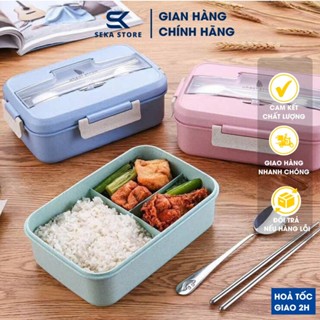 Hộp Cơm Lúa Mạch 3 Ngăn Có Kèm Thìa Đũa, Camen Đựng Cơm 3 Ngăn Mang Đi Làm SP000666