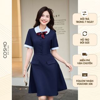 Váy đầm nữ thiết kế dáng ôm tím than phối cổ và nẹp tay xanh da trời chưa kèm nơ Nora Dress 12207