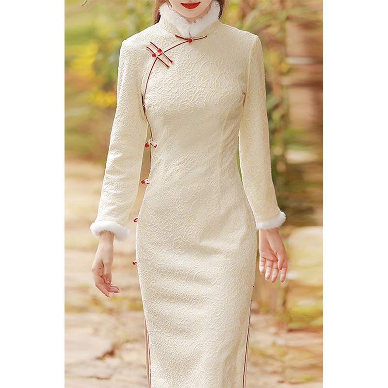 Sườn xám cách tân hán phục Trung Hoa áo dài cách tân mùa đông vải bông ôm dáng dài màu trắng và xanh