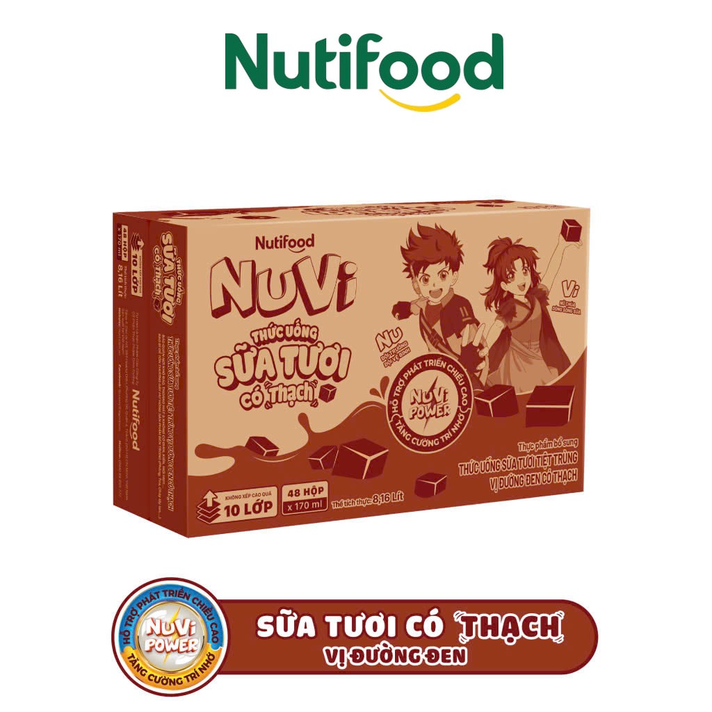 (VỊ MỚI) THÙNG 48 HỘP 100ml/ 170ml NuVi Sữa Tươi Tiệt Trùng Vị Đường Đen Có Thạch - NUTIFOOD SHOP