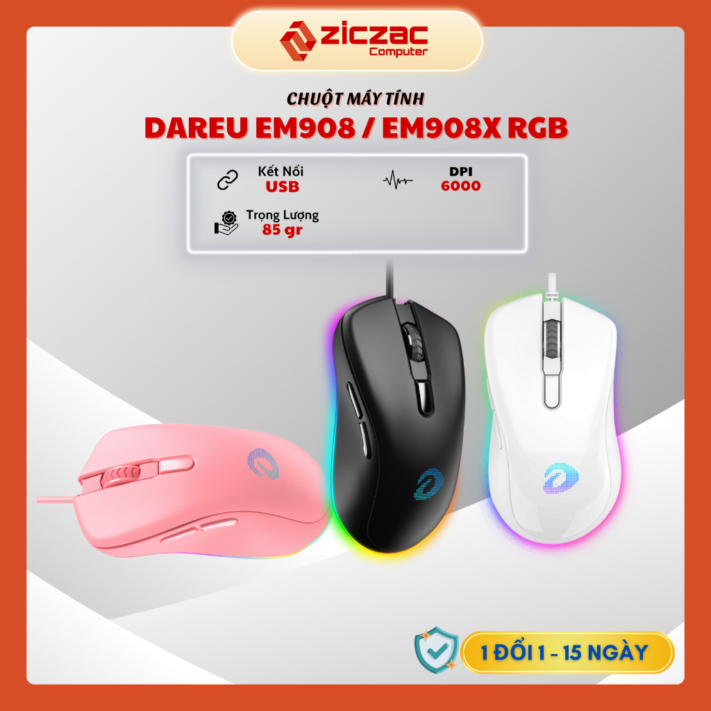 Chuột chơi game DareU EM908 EM908X Optical Switch led RGB có dây - BH 24th chính hãng