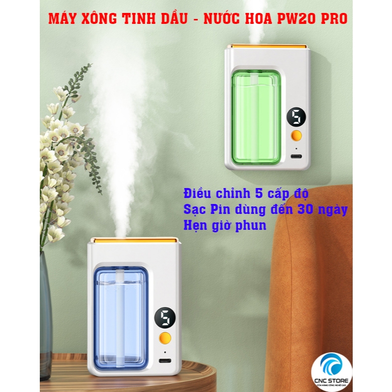 Máy xịt thơm phòng tự động PW20 pro, máy xông tinh dầu, xông nước hoa tự động sạc pin, dán tường để bàn 5 chế độ