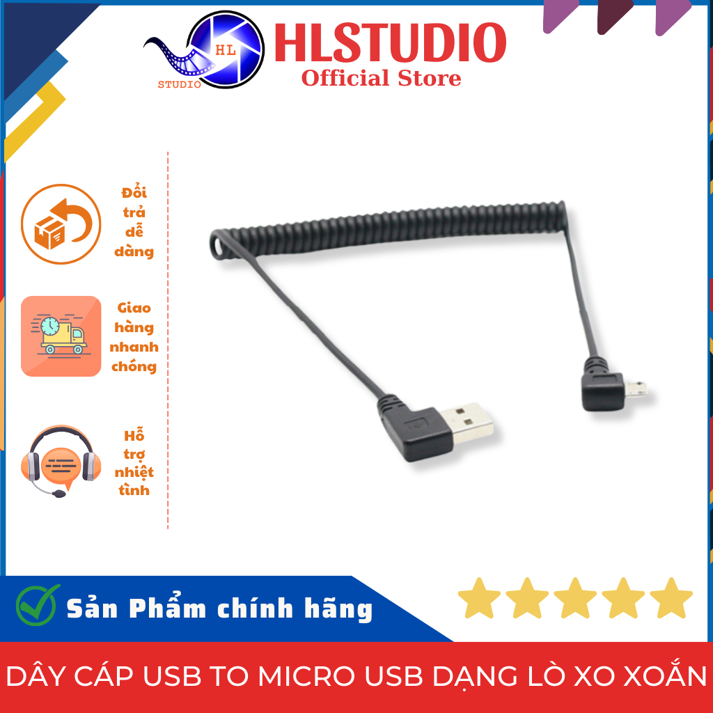 Dây Cáp USB To Micro USB Lò Xo Xoắn Mu02 - Đen, Chiều Dài 30-150cm, Kết Nối Ảnh & Video - HL Studio